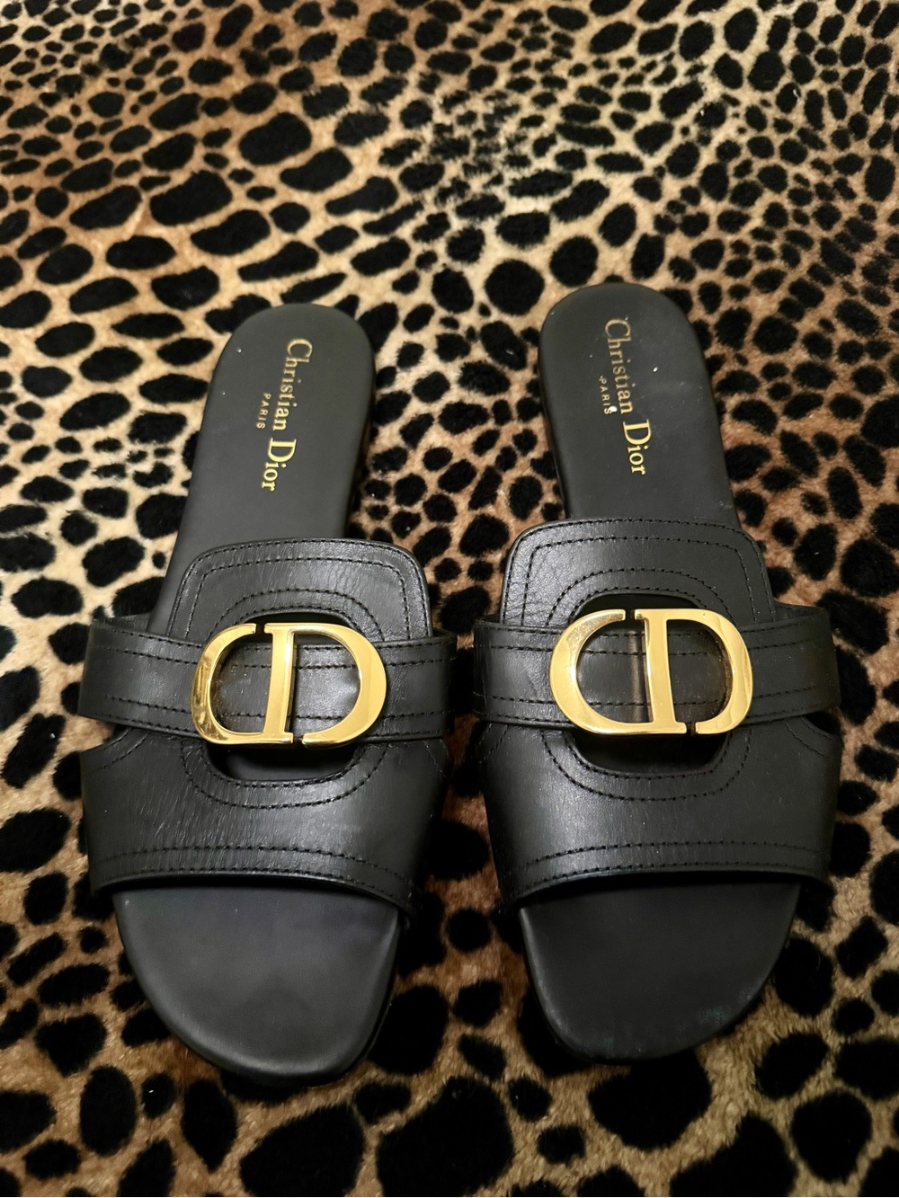 Dior Black Leather Slide Mules with Gold CD Logo